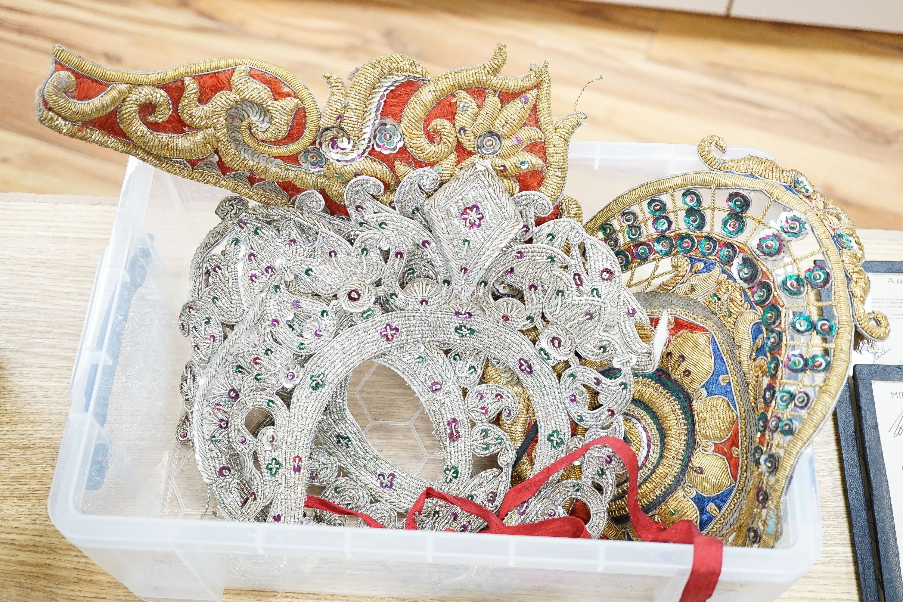Highly ornate indian silver and gold thread headresses